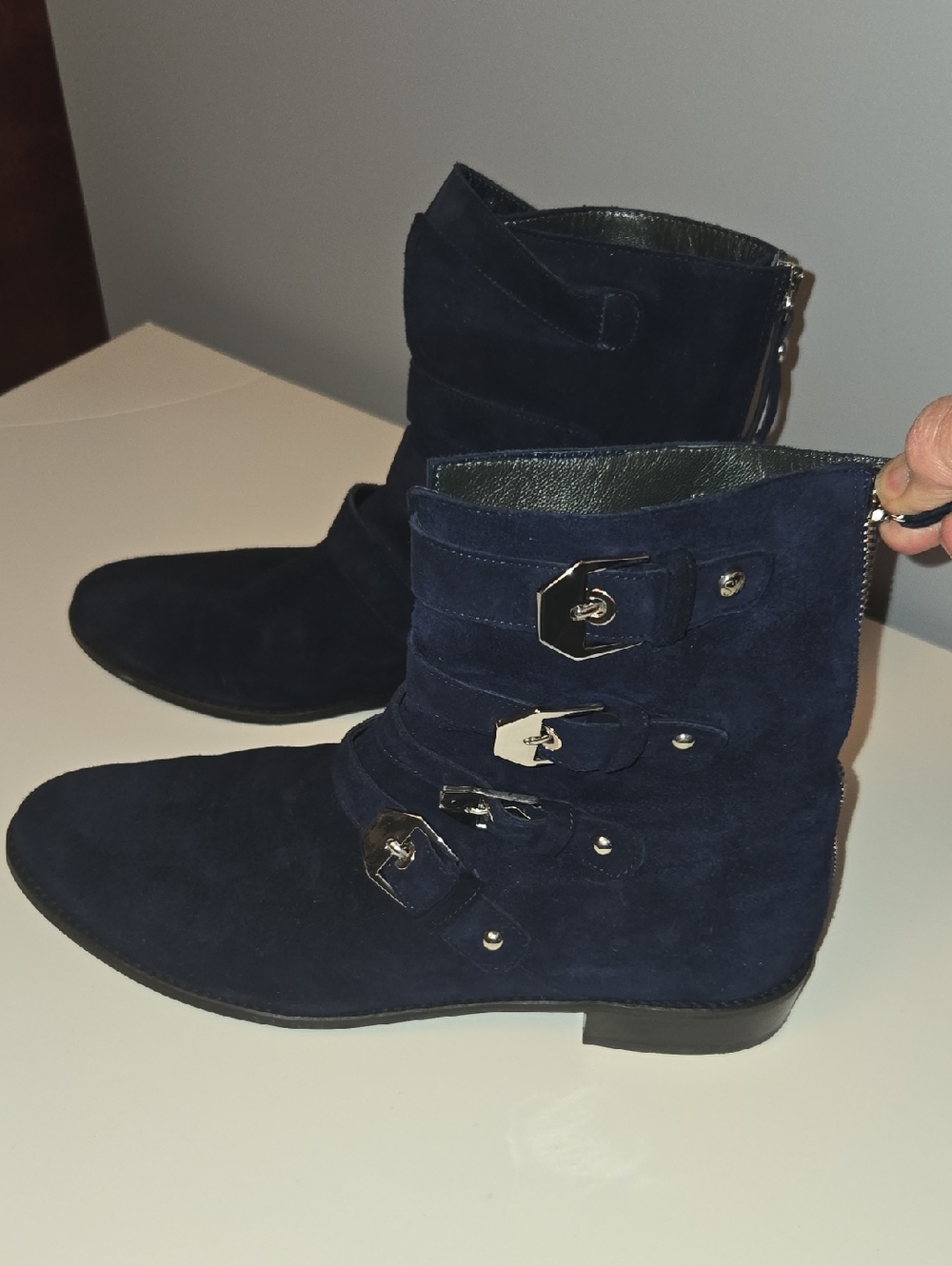 Stuart  Weitzman  Navy Suede Buckle Ankle Boots